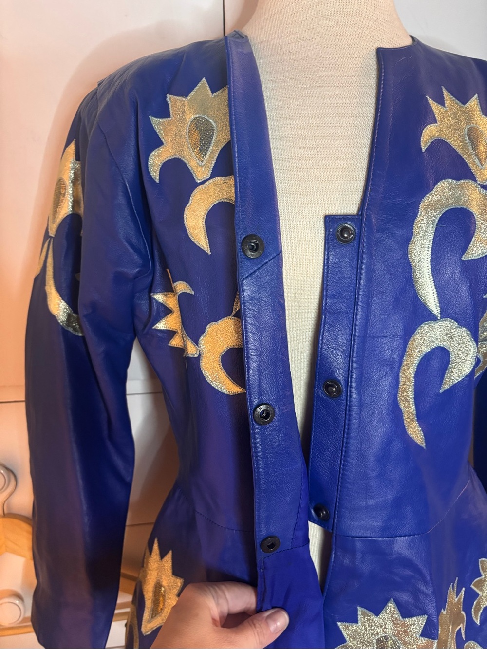 Vintage Blue Leather Skirt and Jacket Set with Gold Appliqué - Picture 3 of 16